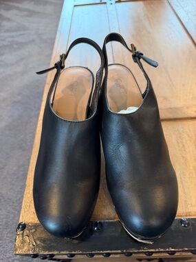 LOFT Black Leather Slingback Clog Heels with Ankle Strap